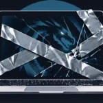 Illustration of a modern laptop screen sealed with heavy silver duct tape, revealing the glowing blue silhouette of a digital dragon behind the cracked display.