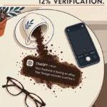Illustration of an overturned Greek coffee cup spilling grounds across a café table next to eyeglasses and a smartphone. A mock ChatGPT notification overlays the spill with satirical fortune-telling text.