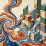 Editorial cover artwork illustrating the article’s core theme: two contrasting philosophies of human connection. On the left, organic, multi-generational currents of warm terracotta and sea blue represent elastic Mediterranean spontaneity; on the right, neatly stacked, queuing geometric cubes represent Central European structure and scheduled intentionality. At the center, the two systems meet with mutual warmth, showing a fluid current filling a hollow block and an independent cube floating harmoniously within the flow.