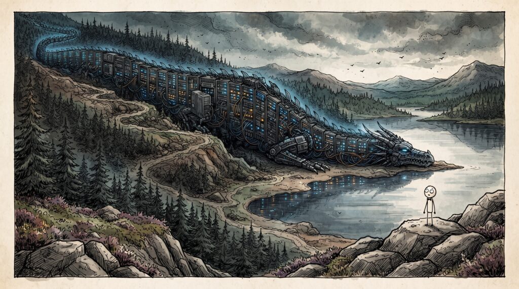An editorial illustration of a massive server rack winding down a pine-covered Finnish hillside shaped like a sleeping mechanical dragon, with Mr. Smith standing on a rock looking on from afar.