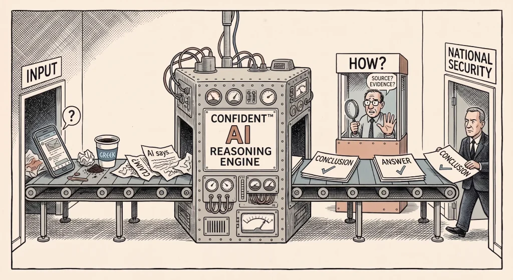 An editorial cartoon showing a conveyor belt moving from left to right. On the left, uncertain inputs like a social media post, handwritten claims, and a Greek coffee cup enter an industrial machine labeled "CONFIDENT AI REASONING ENGINE." The machine outputs clean documents stamped "CONCLUSION" and "ANSWER." In the middle, an inspector inside a small booth labeled "HOW?" frantically gestures to stop the papers, but the belt rushes past him directly into a door marked "NATIONAL SECURITY."