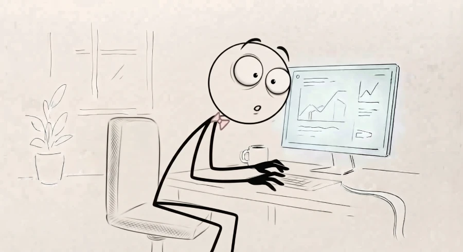 A minimalist sketch of a stick-man figure with wide, comically surprised eyes, leaning forward intently to type on a keyboard while looking at a computer monitor displaying various abstract data charts. A coffee cup sits on the desk next to the keyboard. The style is a simple black-line sketch on an off-white background.
