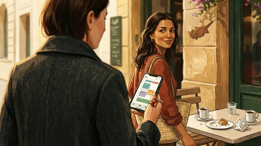 Cinematic illustration of two women parting after coffee at an outdoor café table, one glancing back with a knowing smile while the other holds a smartphone displaying a neatly blocked digital calendar.