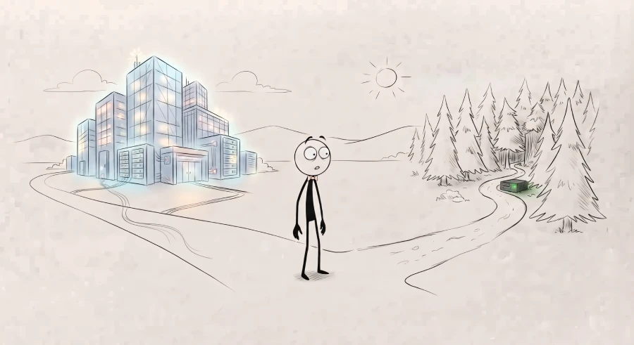 A minimalist line sketch of a stick-man standing at a crossroads. To the left, a paved road leads to a massive, glowing corporate data-center complex. To the right, a dirt path winds into a dense pine forest past a small sign reading "Self-Hosted DSI."