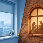 Illustrated split image with on the left a clean, cold modern German hospital window with electric roller blind and small potted flowers with a heart gift card on the sill, on the right a warm eroded terracotta fortress wall with a large arched wooden window glowing with family silhouettes inside, and in the narrow angled seam between them a tiny bright canary yellow bird perched on the windowsill.