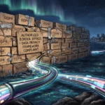An editorial illustration of a massive, fragile wall made of stacked cardboard boxes stamped with "GDPR," held together with duct tape, with a colorful fiber-optic data cable bursting through it toward a distant city skyline.