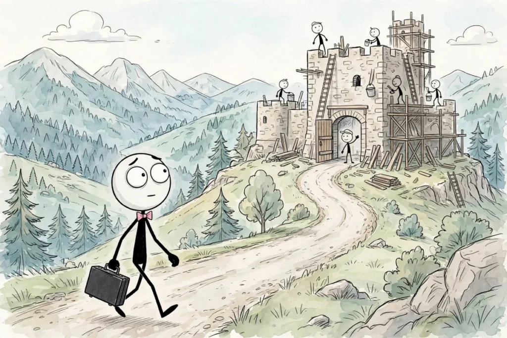 Mr. Smith with a pink bow tie and suitcase walks up a winding mountain road toward a large stone family fortress on a hill, looking apprehensive, while small stick figures repair the walls with scaffolding and ladders.