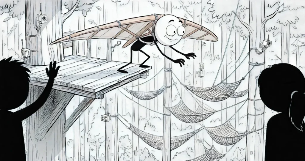 Mr. Smith with his pink bow tie and wings stands on a high family launchpad, looking apprehensive, while small stick figures below watch over him with safety nets and security systems ready to protect him.