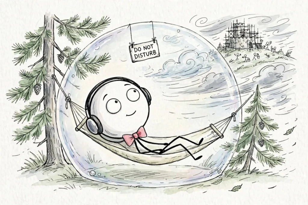 r. Smith with pink bow tie and headphones relaxes in a hammock strung between two pine trees inside a large transparent bubble with a "DO NOT DISTURB" sign, calmly looking at the clouds while it's blustery outside and the family fortress is being repaired on a hill in the distance.