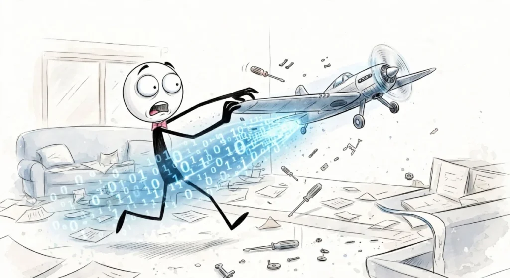 A cartoon stick figure named Mr. Smith, wearing a bowtie and looking panicked, runs through a chaotic, paper-strewn living room while frantically attempting to repair a flying model airplane that is trailing binary data code from its propeller.