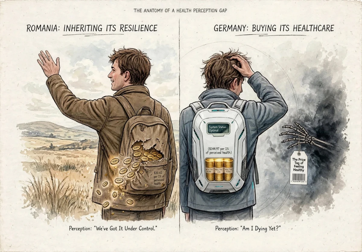 Editorial cartoon titled THE ANATOMY OF A HEALTH PERCEPTION GAP. Left panel: ROMANIA: INHERITING ITS RESILIENCE - a relaxed man waves in an open field, old canvas backpack torn open, gold coins marked YEARS hemorrhaging out, labeled $30.62 per 1% of perceived health, Perception: "We've Got It Under Control." Right panel: GERMANY: BUYING ITS HEALTHCARE - same man anxious, clutching head, high-tech white backpack with System Status: Optimal, ($144.97 per 1% of perceived health), with a transparent window revealing three full, perfectly stacked vaults of HEALTHY YEARS, a skeletal hand from a smoke cloud dangles a retail price tag reading The Price Tag of Feeling Healthy. Perception: "Am I Dying Yet?"