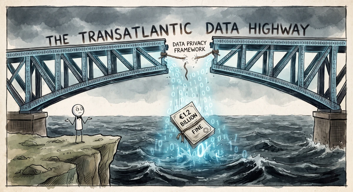 A hand-drawn sketch of a massive, heavy iron bridge over a stormy ocean, labeled "The Transatlantic Data Highway." The center of the bridge is broken and held together only by a single, fraying piece of thin twine labeled "Data Privacy Framework." A paper document labeled "€1.2 Billion Fine" is seen plummeting into the water below. A tiny stick figure, Mr. Smith, stands on a cliff edge watching the collapse.