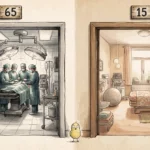 Editorial illustration contrasting a high-tech Mediterranean surgical delivery theater marked Room 65 with a sunlit Dutch primary midwifery practice marked Room 15, with a yellow canary on the threshold between them.