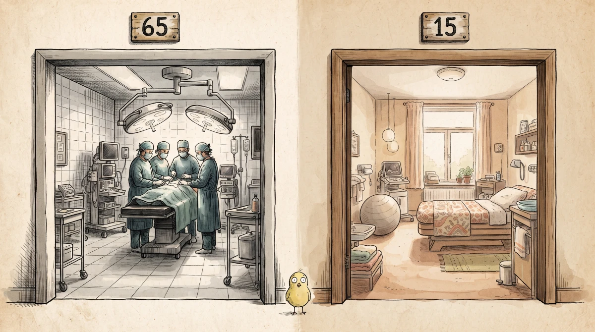 Editorial illustration contrasting a high-tech Mediterranean surgical delivery theater marked Room 65 with a sunlit Dutch primary midwifery practice marked Room 15, with a yellow canary on the threshold between them.