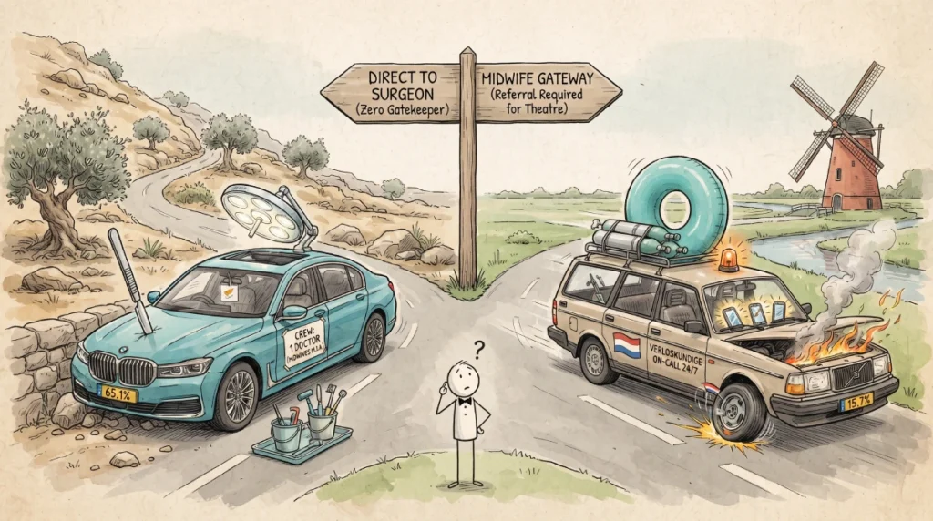 ditorial caricature contrasting a crashed Cypriot surgical sedan labeled "CREW: 1 DOCTOR (MIDWIVES M.I.A.)" with a scalpel hood ornament against a moving, overworked Dutch midwife wagon labeled "VERLOSKUNDIGE ON-CALL 24/7" that is shedding a wheel while loaded with comms tech and a birth pool.